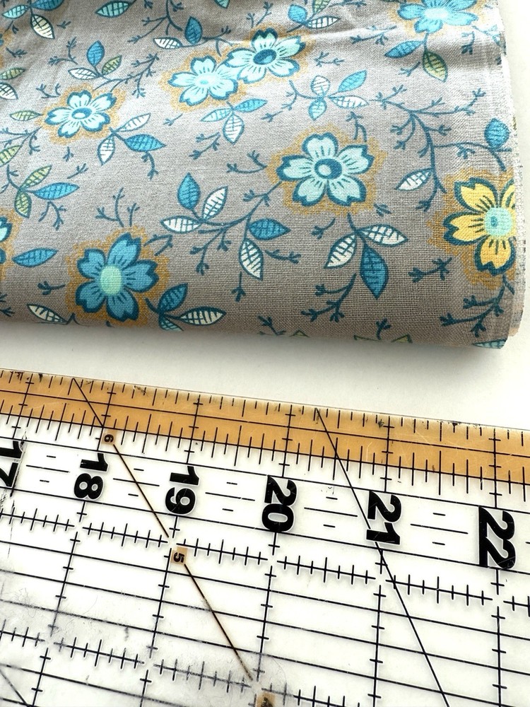 2 Yards – Blue Grey Floral Fabric Cotton Quilt Sewing Happy Floral Pink