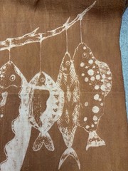 Primitive Hanging Fish Linen Fabric Panel | Rustic Folk Art Fabric | 13×17 Inch