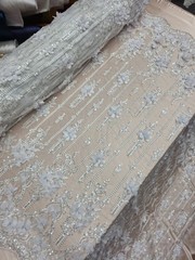 White 3d Lace Fabric Sold By The Yard Embroidery 3d Floral Beaded On Mesh