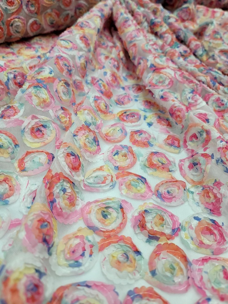 White Mesh Embroidery Multicolor Floral Fabric By The Yard Confetti Pastel Color