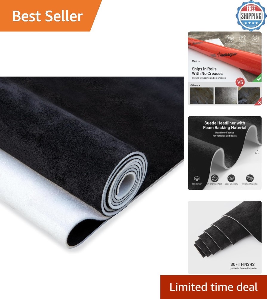 Black Suede Headliner Fabric 36″ L × 60″ W with Foam Backing – Easy Use