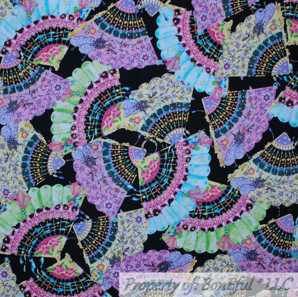 BonEful FABRIC Cotton Quilt Black Pink Blue Rainbow Chinese Fan Asian Girl Print