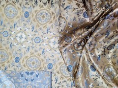 Blue Geometric Beige Embroidered Brocade Jacquard Silky Fabric By The Yard Birds