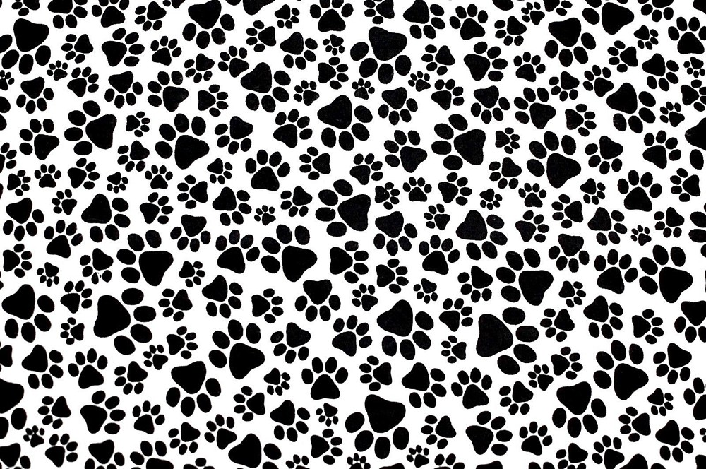 BTY*FACE MASKS* BLACK PAW PRINTS DOG & CAT ON WHITE 100% COTTON FLANNEL FABRIC