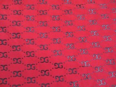 Red Polyester One Way Stretch Fabric GG Black Puff Paint 3D Design 68 Inches