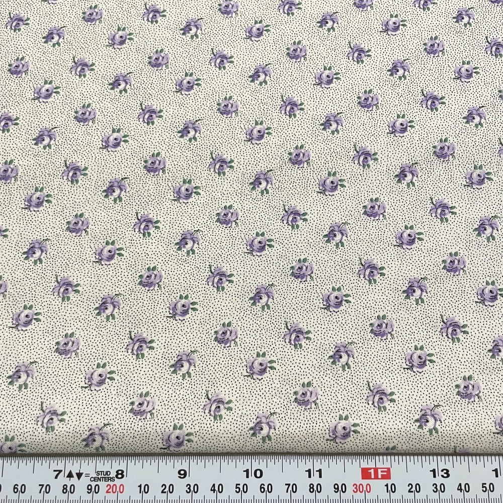 Vintage Purple Florals & Black Pin Dots Unbranded Cotton Fabric Remnant 11″x45″