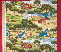 Cotton Fabric With Blue Dragons, Knights, Castles, Horses 58” Wide ~By The Yard