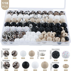 118Pcs Mixed Black White Oat Acrylic Rhinestone Spacer Print Silicone Beads for