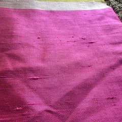 Vintage 1970s Thai Silk Fabric 2.3 yds Hot Pink Gold Silver Border Handwoven