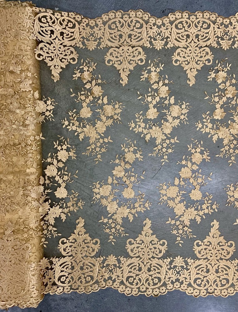 Teagan GOLD Damask Design Embroidered on Mesh Lace Fabric by the Yard – 10027