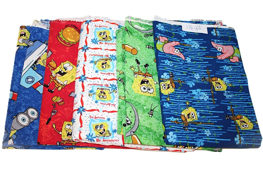 Vintage SpongeBob Fabric 5 Patterns x 1.5 Yds. Each = 7.5 Yards Nickelodeon 2002