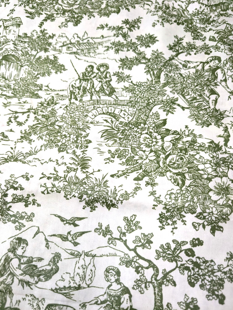 Vintage Green Cotton Toile French Provencial Country Cottage Print Fabric 5 Yard