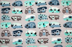 BTY*FACE MASKS*TINY CAMPERS/TRAILERS ON LT GREY 100% COTTON FLANNEL FABRIC 42X36