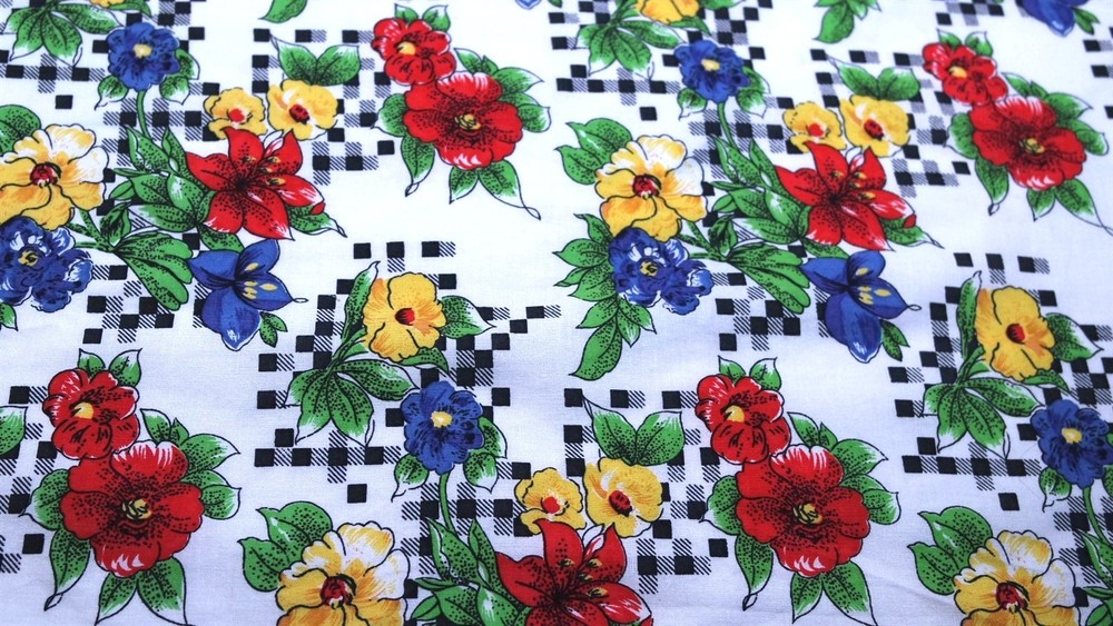 Red Blue Yellow Check Flower Floral Vintage Cotton Craft Doll Quilt Fabric Lot