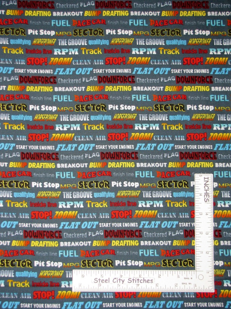 Racing Race Car Fuel Pit Stop Text Fabric By the Yard Cotton by Henry Glass