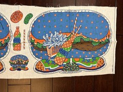 VTG Calico Burger Pillow Panel Fabric Sewing Cushion Craft Novelty Blue