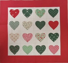 Vtg~Marti Michell~Reds/Greens~”12 Hearts”~ Ecru BG ~ Cotton Fabric ~ 13″x13″++