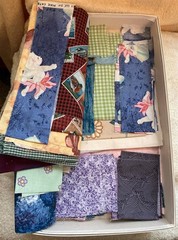 Box of Vintage Fabric Pieces, Quilt Pieces and Remnants 16 x 9 x 2″ 2 1/2 lbs