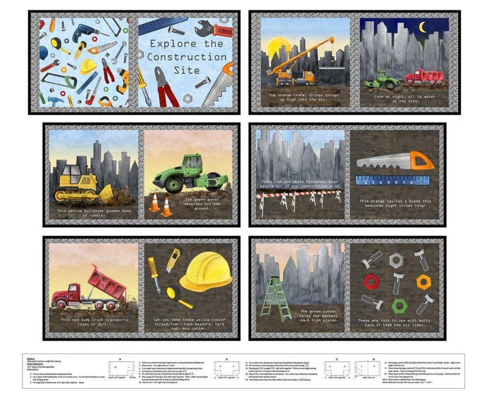 Let’s Get Building Construction Book Panel 36″ Panel Cotton Fabric (Panel)