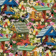Red Cardinal & Sunflowers Nature by David Textiles Fabric 44″ Wide BTY