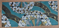 Japanese Silk Kimono Obi Fabric Nishijin Teal Green Sakura 30.5 × 70 cm Craft