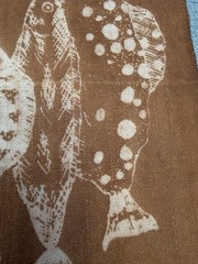 Primitive Hanging Fish Linen Fabric Panel | Rustic Folk Art Fabric | 13×17 Inch