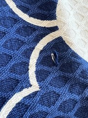EUC 73”Lx44”W navy/white fish-scale/scallop pattern raised weave uphlstry fabric