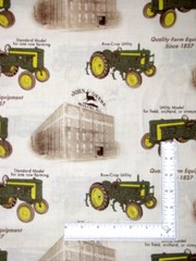Fabric with Farm Tractors Buildings 2 Pc Lot (25″X44 & 5″X44″) Cotton Beige