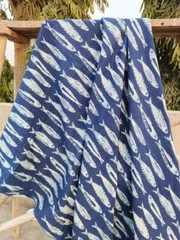 Indigo Blue Fish Hand Block Printed 100% Cotton Cloth, Dress Fabric by the Yard