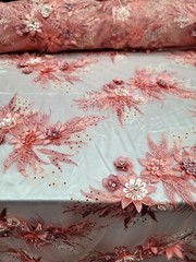 Coral Lace Embroidery 3d Floral Flowers Embroidery Prom Fabric Sold By The Yard