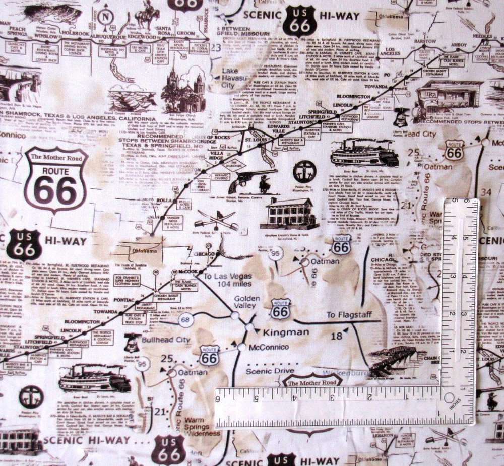 Route 66 Landmark Fabric – By The Yard – Travel Cotton Timeless Treasures C7529