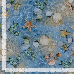 Nautical Fabric | Water’s Edge Seashell Starfish Blue | Timeless Treasures YARD