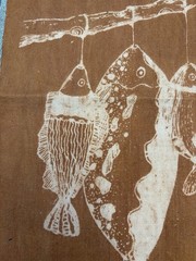Primitive Hanging Fish Linen Fabric Panel | Rustic Folk Art Fabric | 13×17 Inch