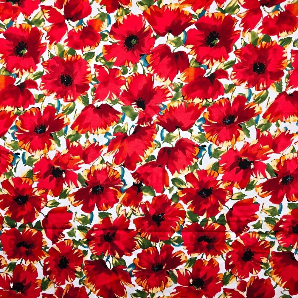 Red Floral Fabric Poppies Flowers Minerva Jardin Remnant Stretch Cotton Sateen