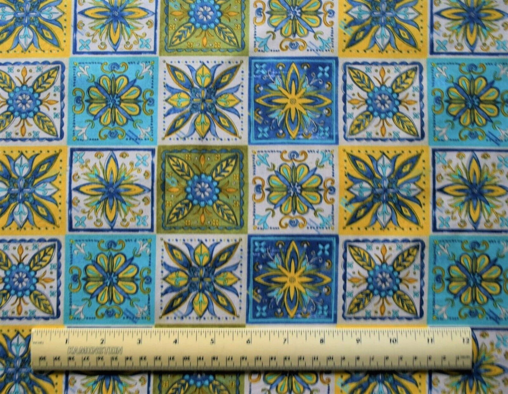 David Textiles Medallion Tiles teal blue yellow white By 1/2 yard cotton fabric