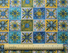 David Textiles Medallion Tiles teal blue yellow white By 1/2 yard cotton fabric