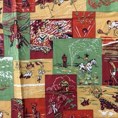 Vintage 1940s Adventure Sports & Western Print Cheater Quilt Fabric – 2 Remnants