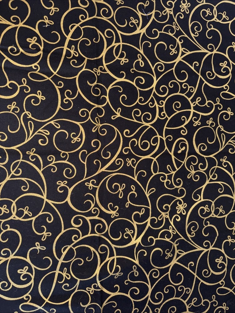 Basics Fabric | Luminous Metallic Gold swirls Black | Timeless Treasures 1/2 yd