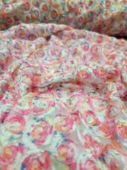 “White Mesh Fabric with Multicolor Floral Embroidery and Pastel Confetti: Sold b