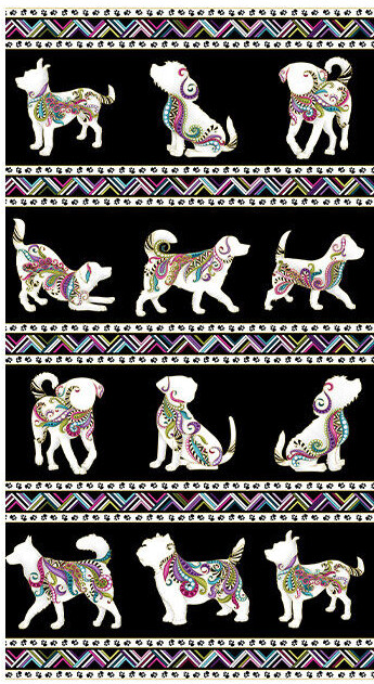 Dog On It Dogs Walk Paw Print Black Stripe Cotton Fabric Benartex 23″X44″ Panel