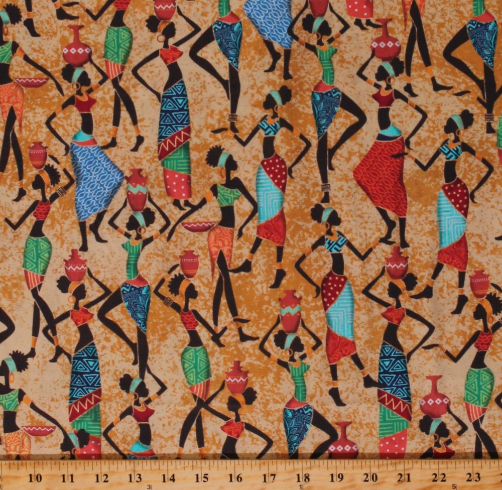 Cotton African Woman Women Ladies Baskets Gold Fabric Print by the Yard D378.43