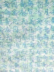 Asian theme small Chinese symbols mint green blue cotton quilting fabric .94yd