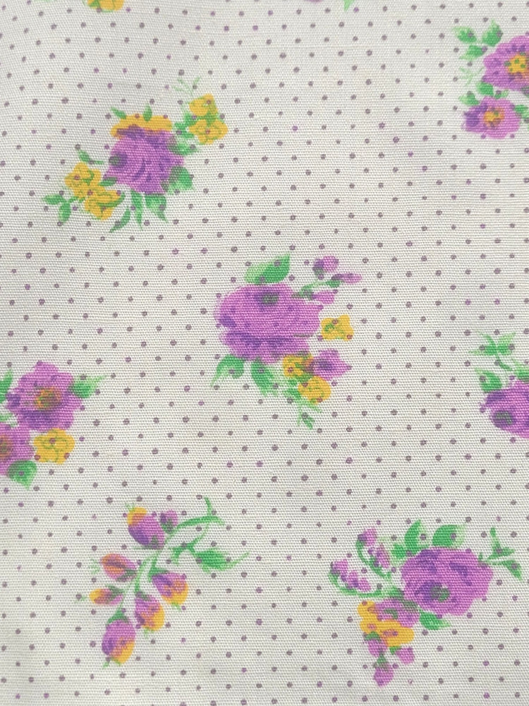 3.5 yds VTG Lilac Purple Orange-Yellow Green Beige Pin Dots Cotton Fabric Floral