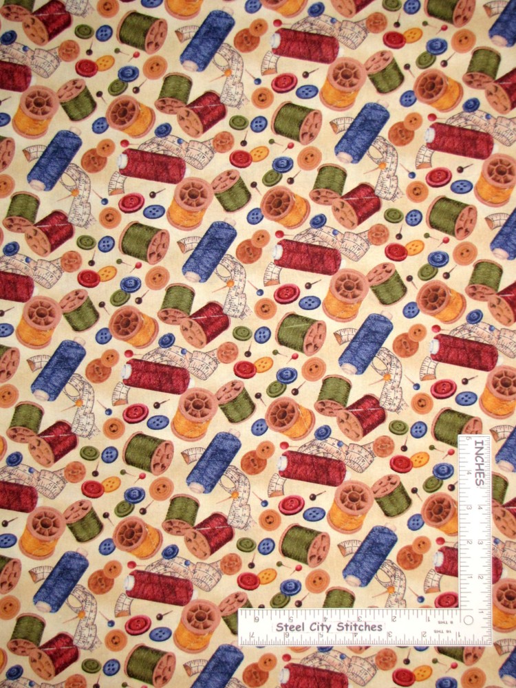 Sew Thread Spool Button Toss Cream Cotton Fabric Wilmington Sew Curious by Yard