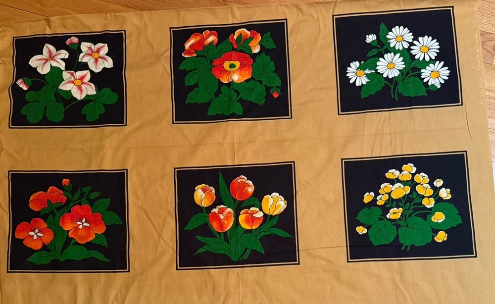 Vintage 1978 Finlayson Fabric Floral Squares 13” X 10.5” Tan Black Finland