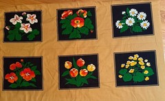Vintage 1978 Finlayson Fabric Floral Squares 13” X 10.5” Tan Black Finland