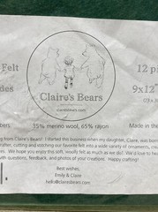 Claire’s Bears Wool Felt Blend, Merino Wool and Rayon, All Natural fibers, 9×12”