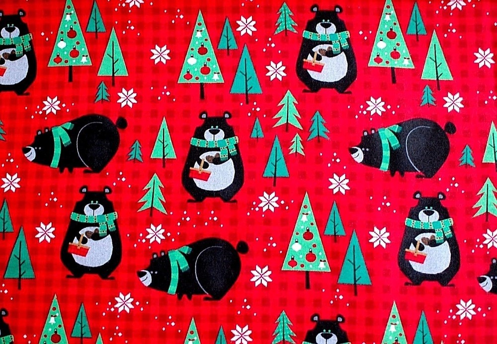 *BTY*CHRISTMAS BLACK BEARS*TREES*RED CHECK*FACE MASKS*FLANNEL FABRIC 1 YD 42X36″