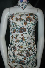 Linen Rayon Spandex Knit Jersey fabric Printed oatmeal Teal/Mauve/Orange floral
