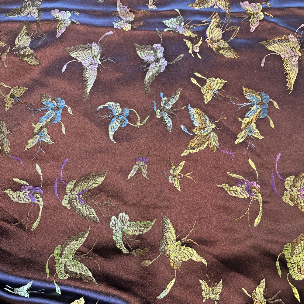 Chocolate Brown with Butterflies Moths – Faux Silk Brocade Jacquard Fabric 3+Yds
